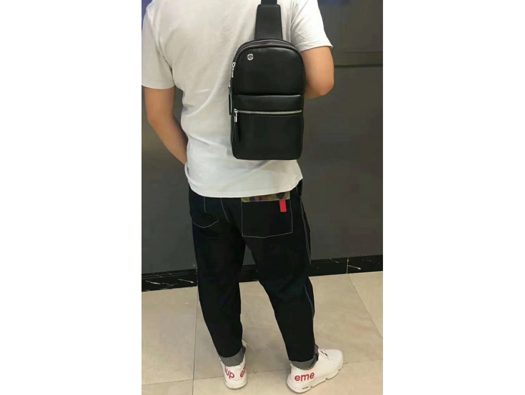 Мужская сумка-слинг через плечо черная гладкая кожа Tiding Bag B3-066A - Royalbag
