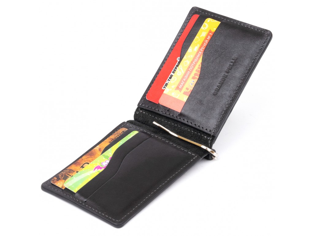  Стильное портмоне с зажимом для денег без застежки в гладкой коже GRANDE PELLE 11297 Черное - Royalbag