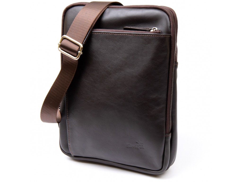 Модная сумка планшет с накладным карманом на молнии в гладкой коже 11282 SHVIGEL, Коричневая - Royalbag Фото 1
