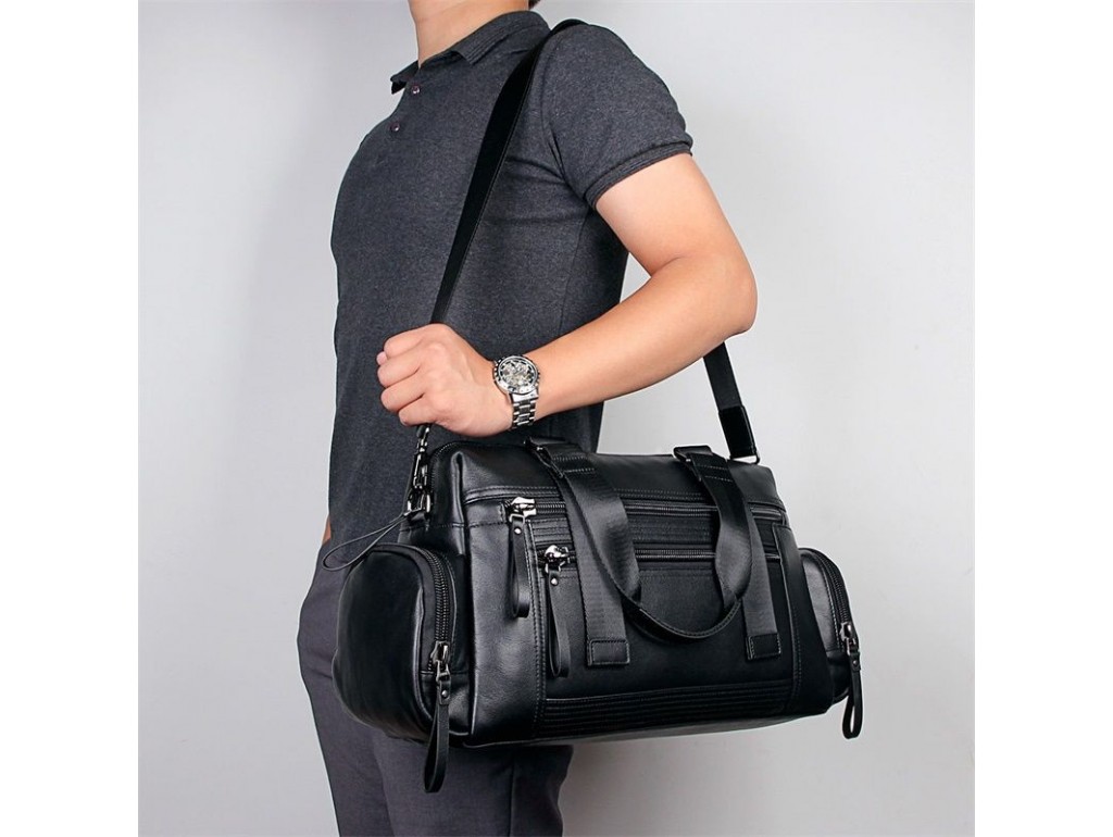 Кожаная дорожная спортивная сумка через плечо черная John McDee 7420A - Royalbag